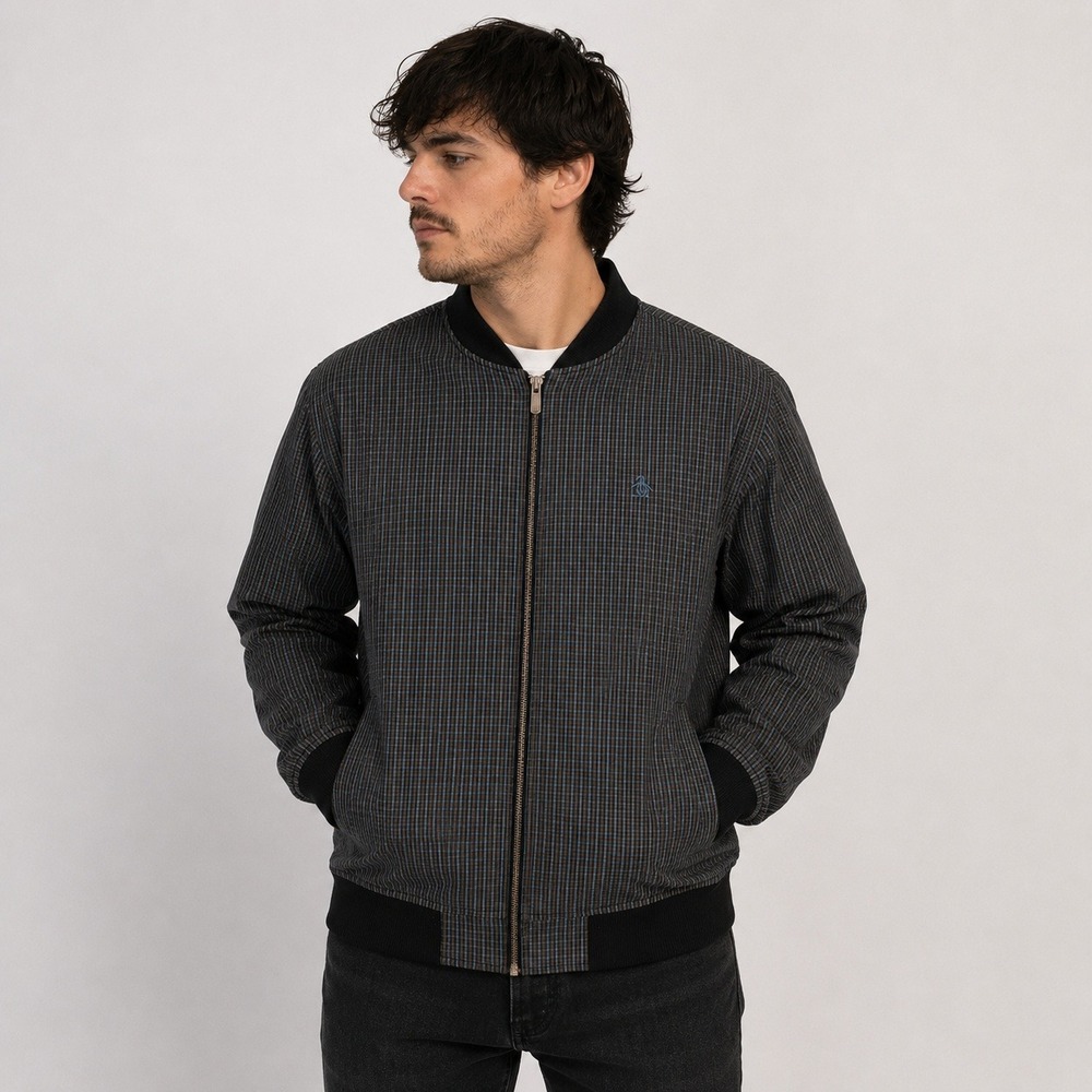 Original Penguin Munsingwear Mens Blue Brown Check Full Zip Bomber Jacket Medium